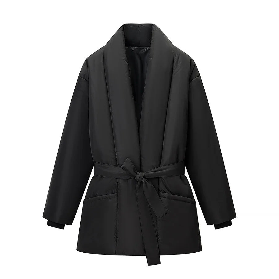 Damen nan wattierte Jacke mit Schalkragen, Bindegürtel und aufgesetzten Taschen Drune