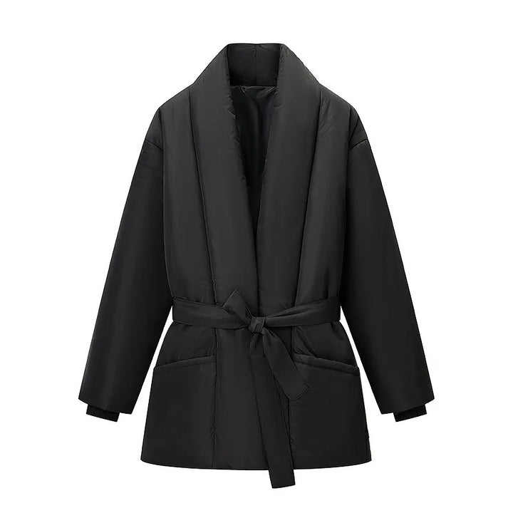 Damen nan wattierte Jacke mit Schalkragen, Bindegürtel und aufgesetzten Taschen Drune