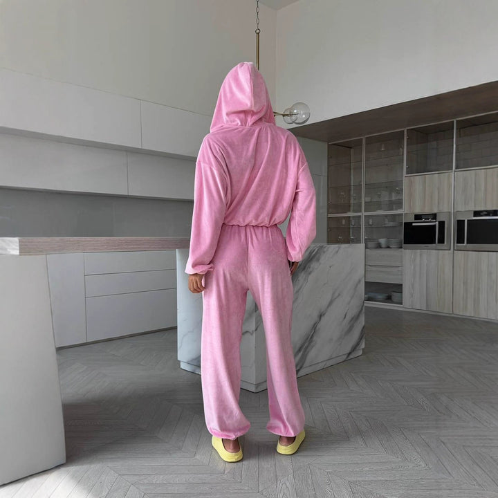 Damen weiches Velours Lounge-Set mit Kapuzenjacke, Reißverschluss und weiten Komforthosen Drune