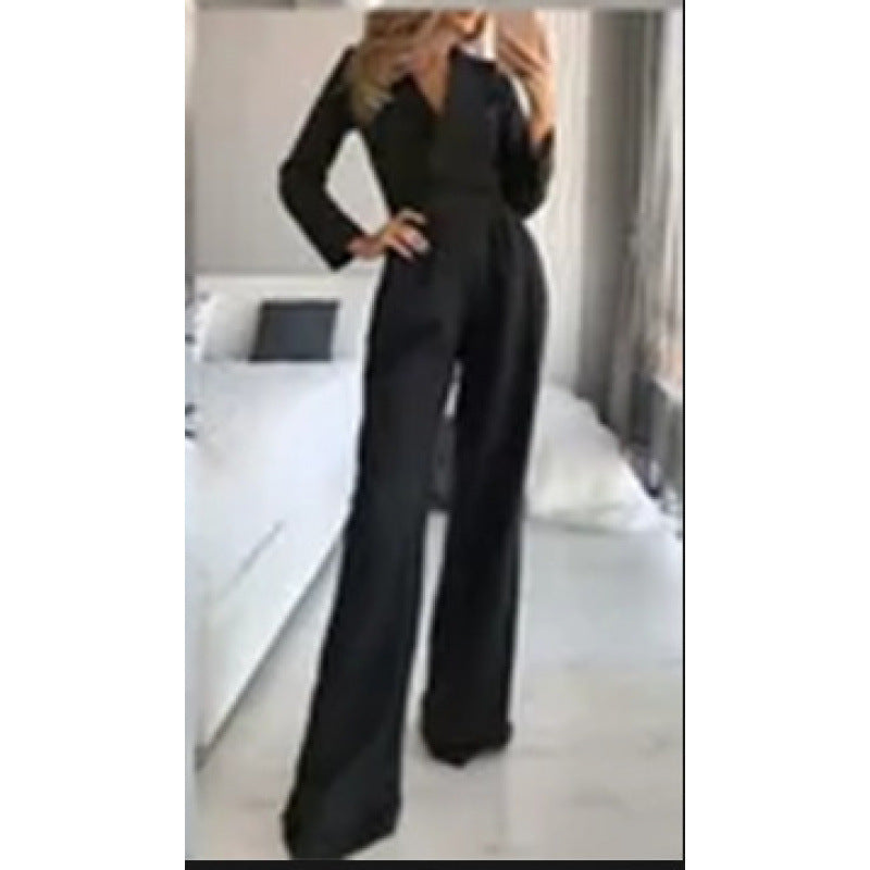Damen eleganter Jumpsuit mit langem Bein und klassischem Schauspielkragen Drune
