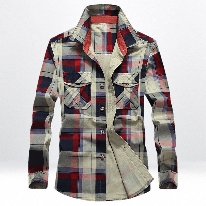 Herren Kariertes Baumwoll-Workshirt mit Brustpattentaschen und kontrastiertem Innenkragen Drune