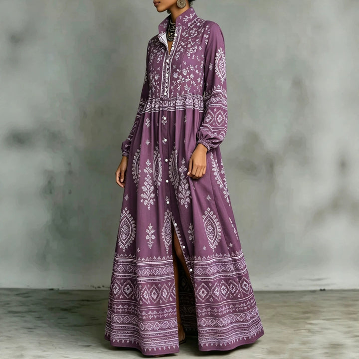 Damen Maxikleid im Boho‑Ethno‑Stil mit Stehkragen, durchgehender Knopfleiste und Eingrifftaschen Drune