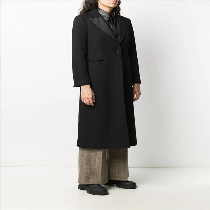 Damen Eleganter Einreihiger Longmantel im Smokingschnitt mit schmalem Revers und Satinbesatz Drune
