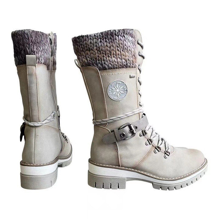 Damen nan gefütterte Schnürstiefel mit gestricktem Schaftbund, dekorativem Schnallenriemen und profilierter Gummisohle Drune