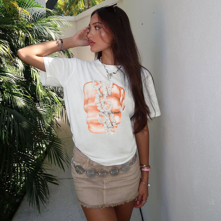 Damen T-Shirt mit glitzerndem Kreuzdesign und lässigem Schnitt Drune