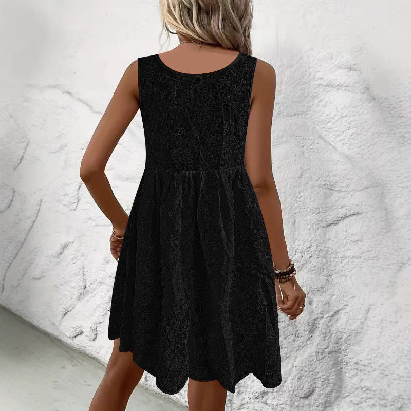 Damen luftiges Sommerkleid mit dekorativem Lochmuster und süßen Trägern Drune