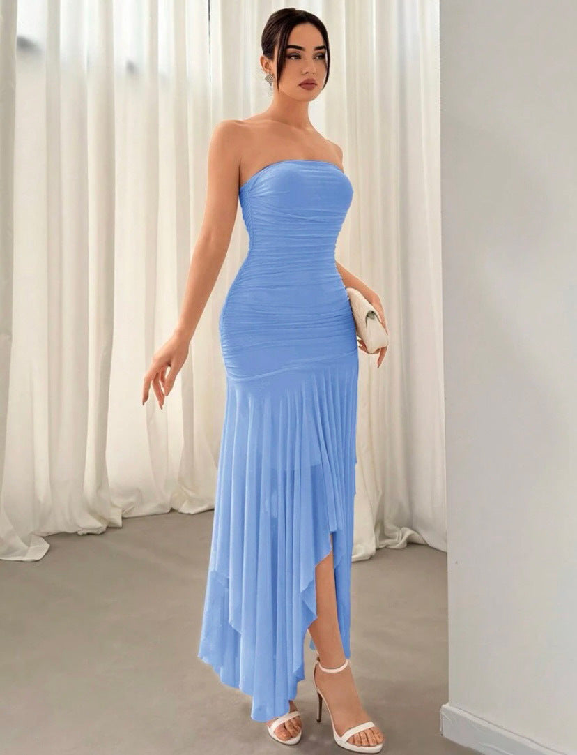 Damen Extravaganter Maxikleid mit Raffungen und asymmetrischem Saum Drune