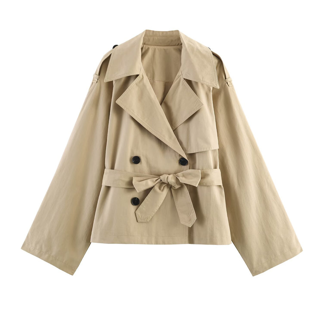 Damen Kurze Cape‑Trenchjacke mit doppelreihiger Knopfleiste und Bindegürtel Drune