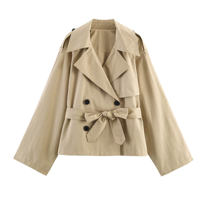 Damen Kurze Cape‑Trenchjacke mit doppelreihiger Knopfleiste und Bindegürtel Drune