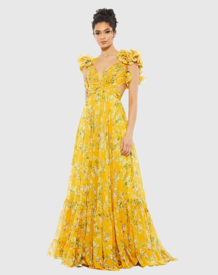 Damen Maxi-Kleid mit floralen Rüschen und schwingendem Design Drune