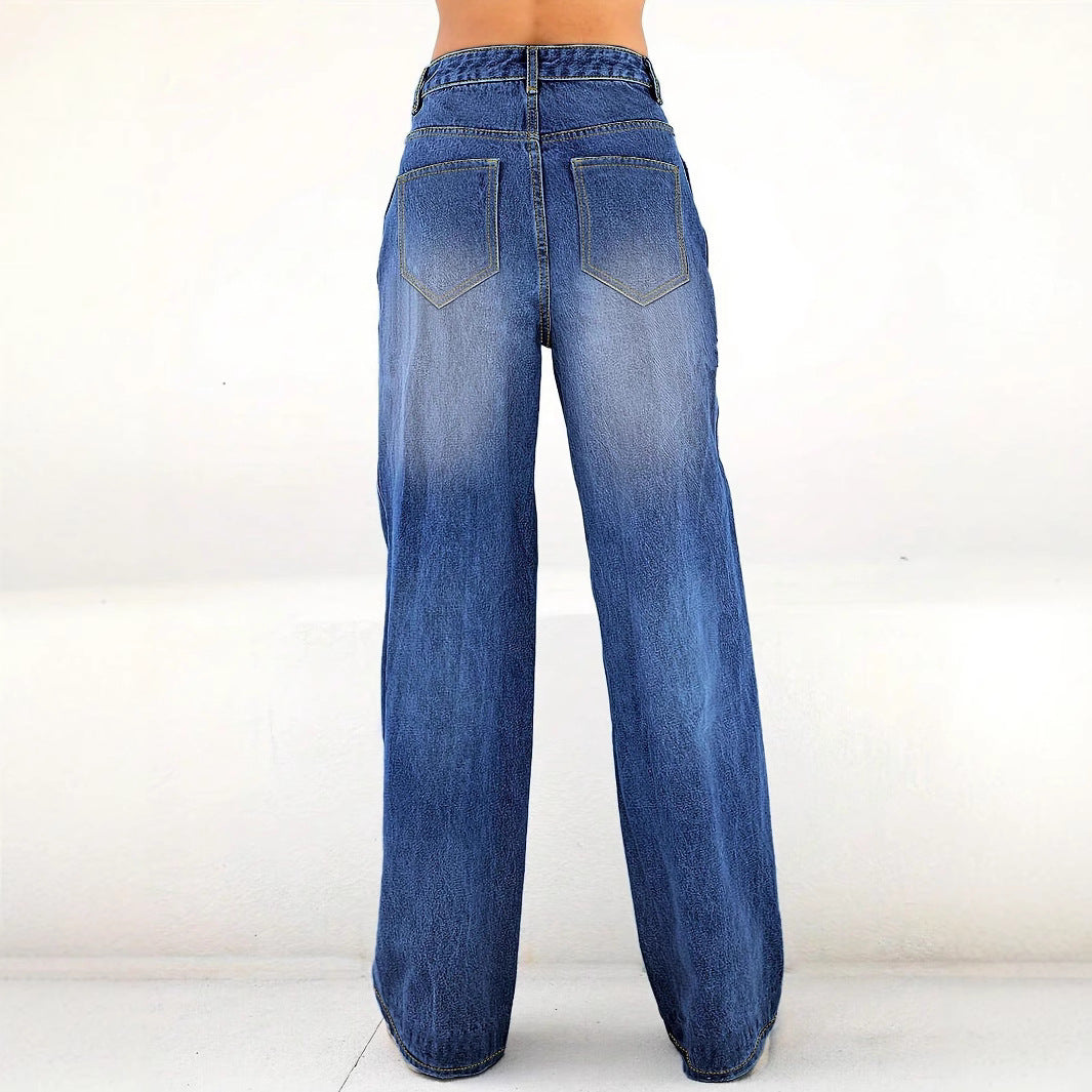 Damen High-Waist Wide-Leg-Jeanshose mit großflächigem Herz-Print Drune