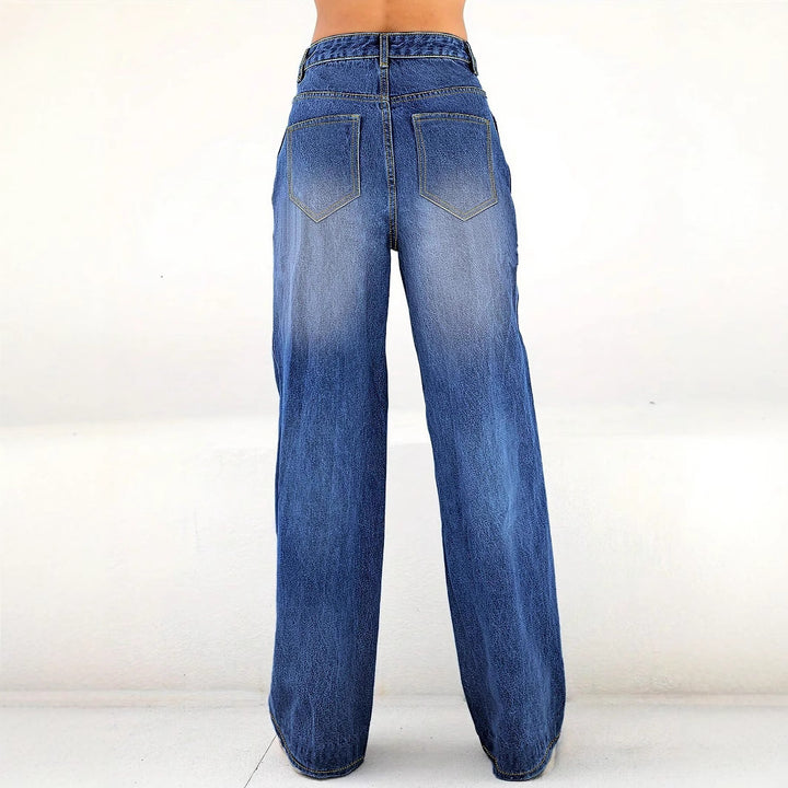 Damen High-Waist Wide-Leg-Jeanshose mit großflächigem Herz-Print Drune