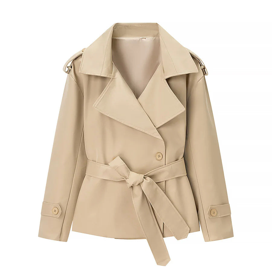 Damen nan kurzer taillierter Trenchcoat mit weitem Revers, Schulterklappen und Bindegürtel Drune