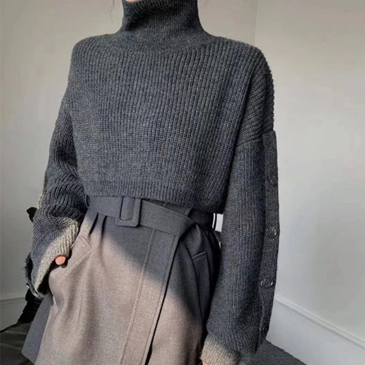 Damen Kurzgeschnittener Rollkragen-Bolero-Überwurf mit langen Ärmelknöpfen Drune