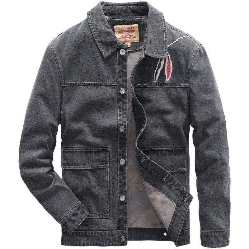 Herren Jeans-Truckerjacke mit Stickdetail und aufgesetzten Taschen Drune
