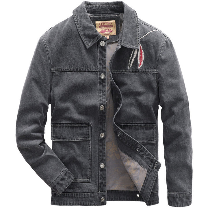 Herren Jeans-Truckerjacke mit Stickdetail und aufgesetzten Taschen Drune