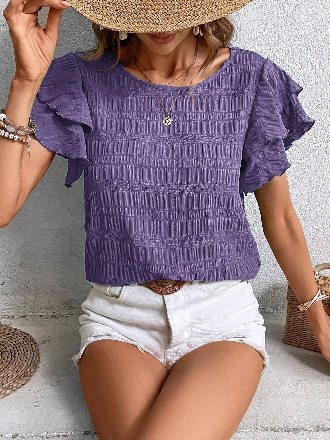 Damen Kurzarm-Bluse mit Smok-Effekt und Volantärmeln Drune