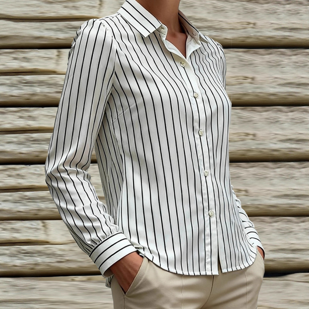 Damen Elegant gestreifte Bluse mit klassischem Kragen und modischen Puffärmeln Drune