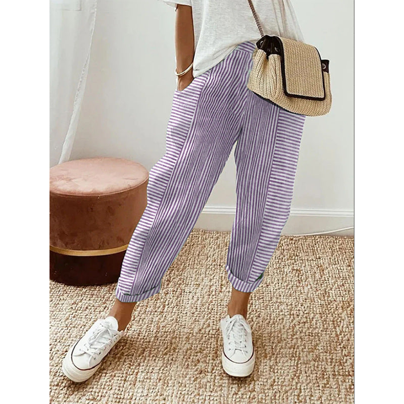 Damen Freizeit Leinenlook Hose mit Streifen, elastischem Bund und Saumabschluss Drune