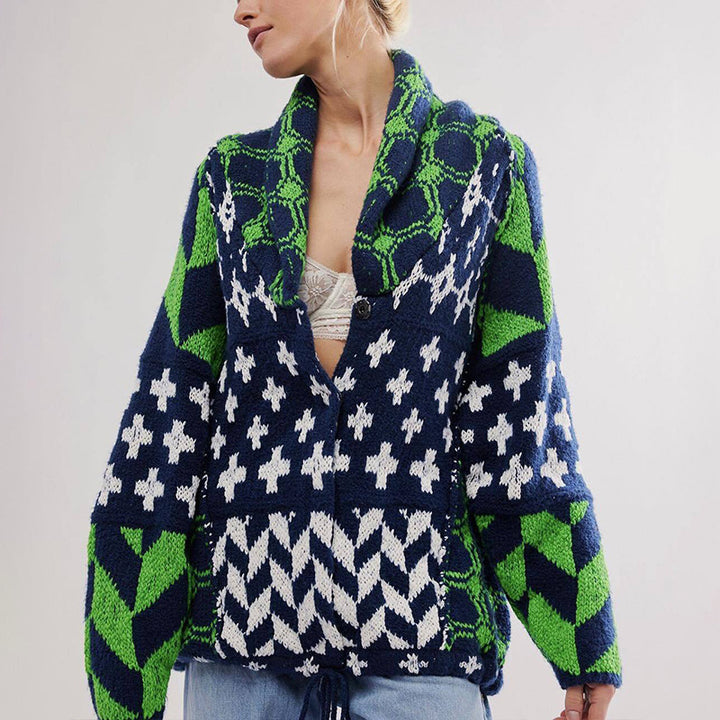 Damen Oversized Strickjacke mit Schalkragen und grafischem Muster Drune