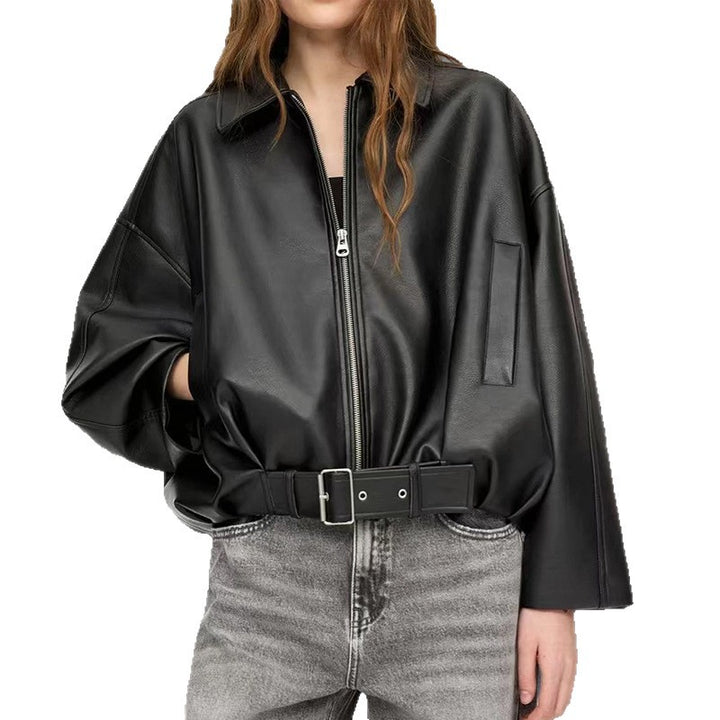 Damen Oversized Kunstlederjacke mit flauen Schultern und praktischen Druckknöpfen Drune