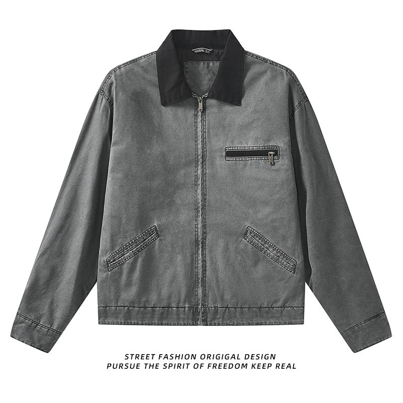 Men's  vintage-inspired zip-front workwear jacket with contrast collar and angled welt pockets Drune