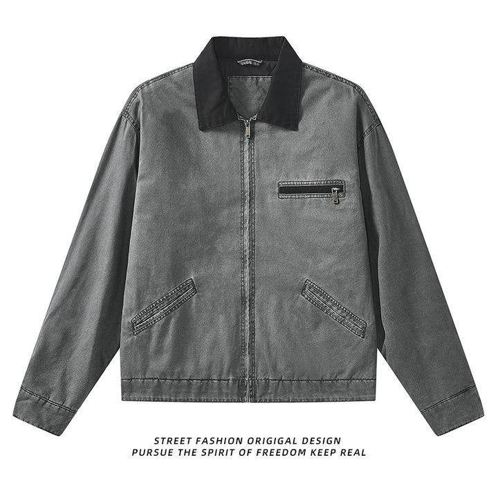 Men's  vintage-inspired zip-front workwear jacket with contrast collar and angled welt pockets Drune