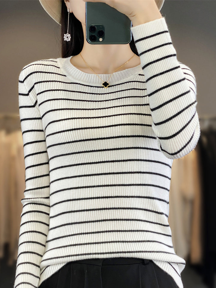 Damen Schmal geschnittener Feinstrick-Pullover mit dezenter Streifenstruktur und Rundhals Drune