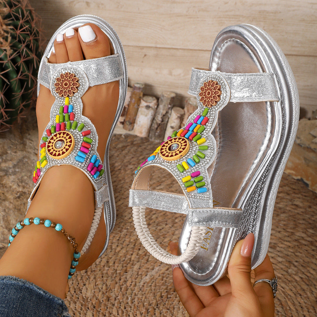 Damen Wedge-Sandalen mit bunten Perlen-Detail und rutschfester Sohle Drune