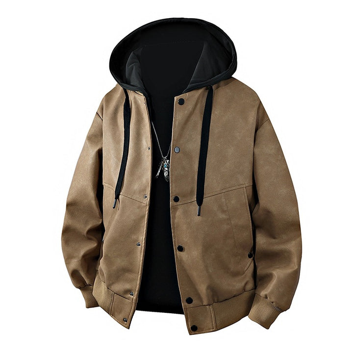 Herren Veloursleder‑Optik Kapuzenjacke mit Druckknopfblende, Oversize‑Schnitt & gerippten Bündchen Drune