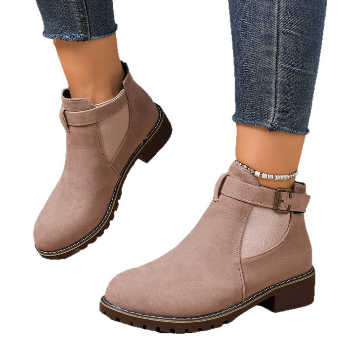 Damen Stiefelette mit Velours-Optik, elastischem Einsatz und Schnallenriemen Drune