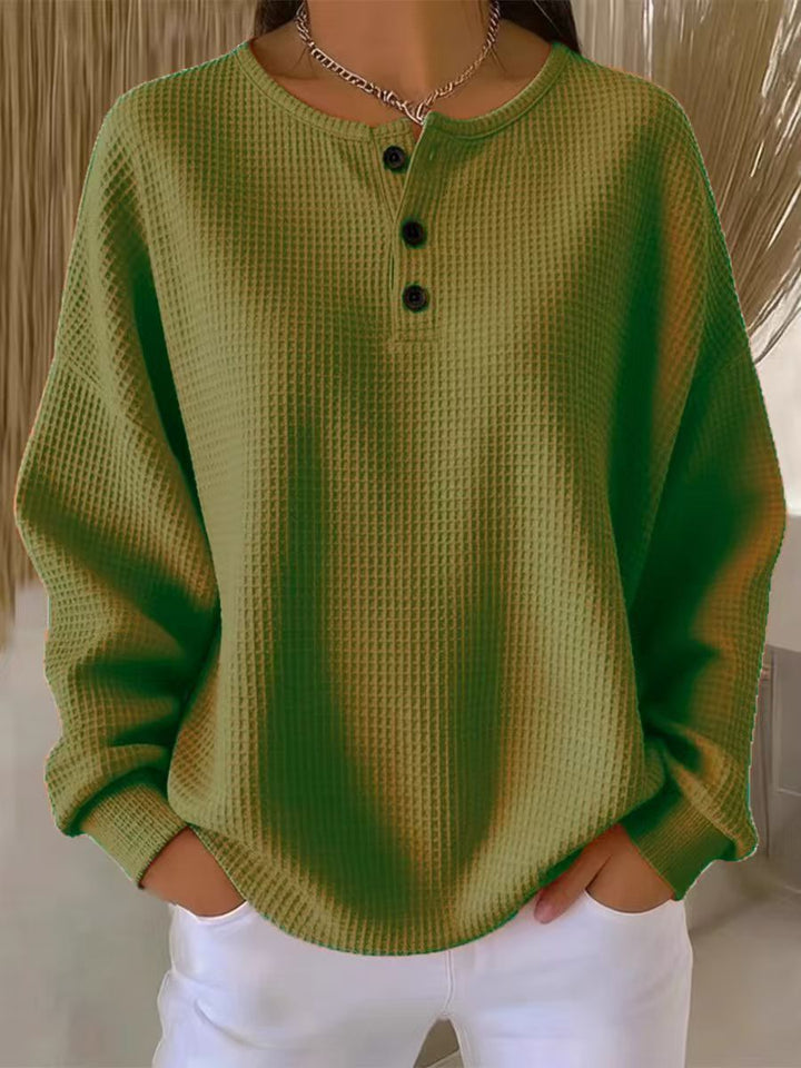 Damen nan Oversized Waffelstrick Henley-Pullover mit Knopfleiste und abgerundetem Saum Drune
