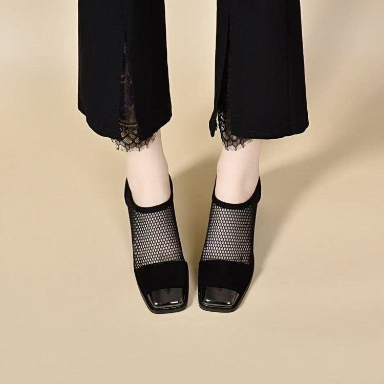 Damen Elegante Netz Pumps mit Blockabsatz Drune