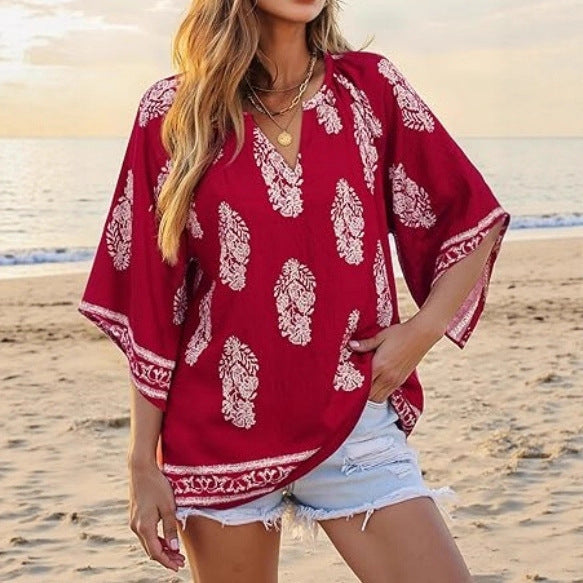 Damen Lockeres Strand-Tunika-Oberteil mit V‑Ausschnitt und Boho‑Print Drune