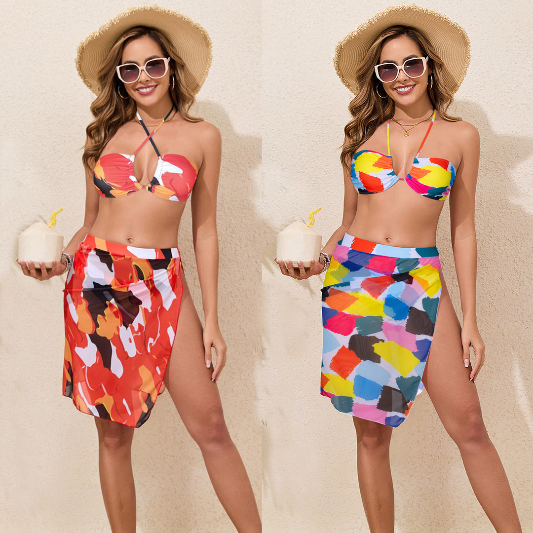 Damen Bunt bedrucktes Bikini-Set mit luftigem Überrock Drune