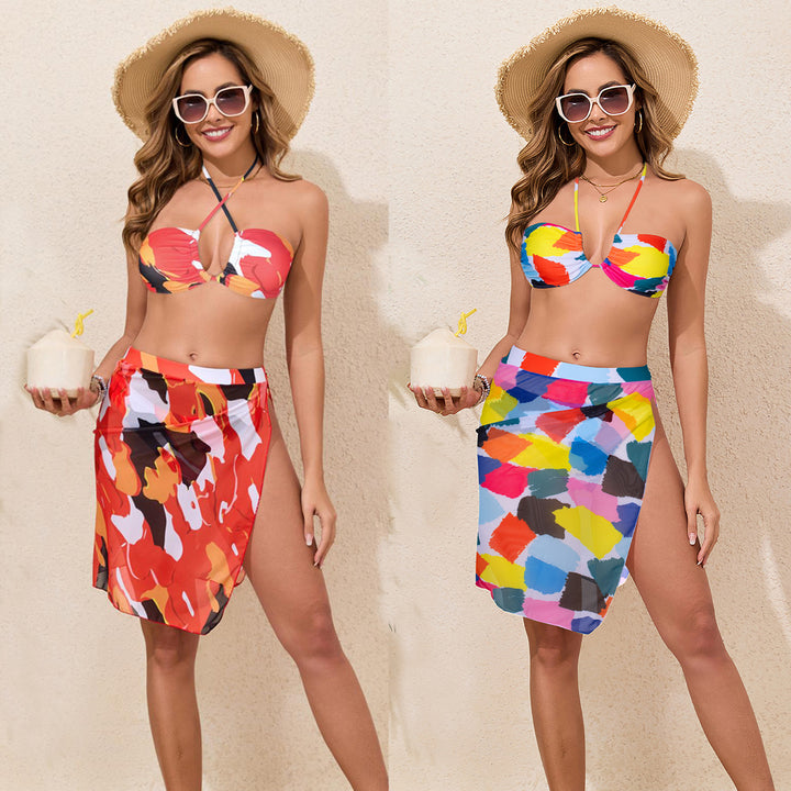 Damen Bunt bedrucktes Bikini-Set mit luftigem Überrock Drune