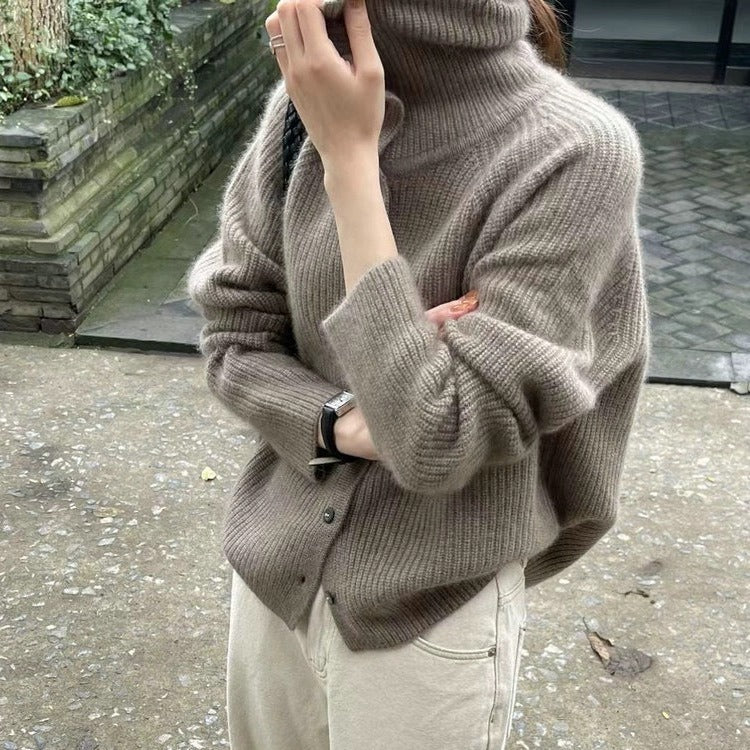 Damen elegante Strickjacke mit hohem Kragen und dekorativen Knöpfen Drune
