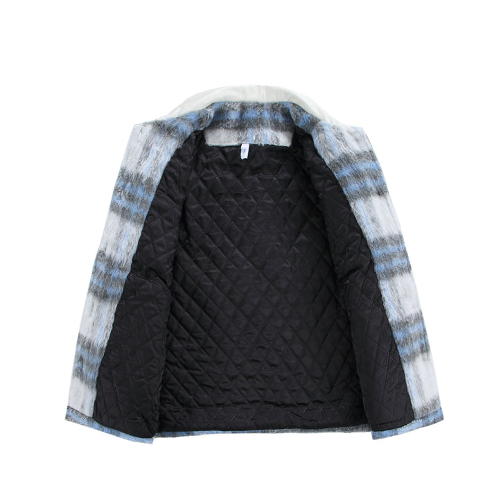 Damen Kariertes Wollmix-Shacket mit kontrastierendem Kunstlederkragen Drune