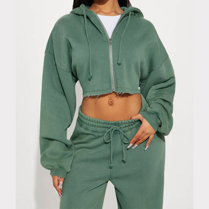 Damen Lässiges Fleece-Kapuzenoberteil mit weitem Schnitt und entspannter Hose Set Drune