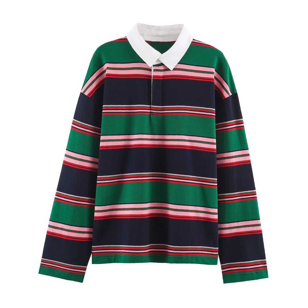 Damen Rugby‑Polo‑Shirt mit Kontrastkragen und breitem Blockstreifen Drune
