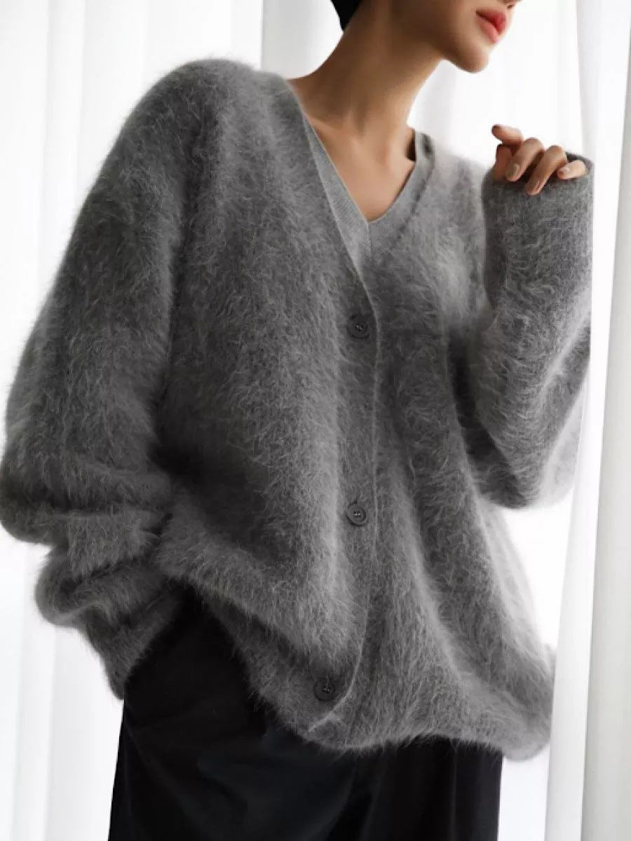 Damen gemütlicher Strickcardigan mit weichem Flauschmaterial und modischem Knopfdetail Drune
