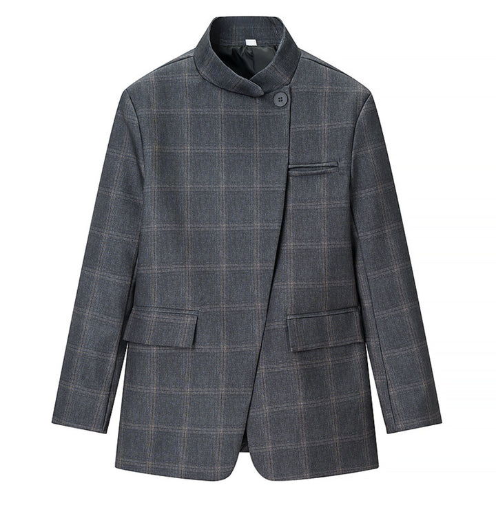 Damen 100+ Cropped Karoblazer mit Stehkragen, verdeckter Knopfleiste und Pattentaschen Drune