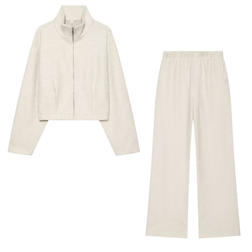 Damen Lässiges Lounge-Set mit Stehkragen-Zipjacke und weitem Sweatpants Drune
