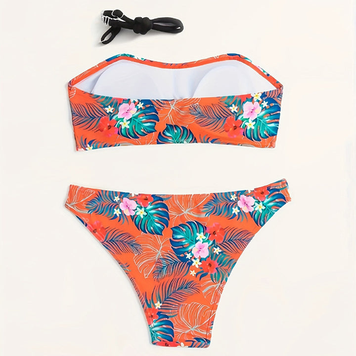 Damen Bandeau-Bikini mit tropischem Muster und elastischem Unterteil Drune