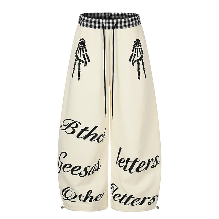 Damen Extraweite Palazzo-Sweathose mit Karo-Komfortbund, Tunnelzug und Skelett-Print Drune
