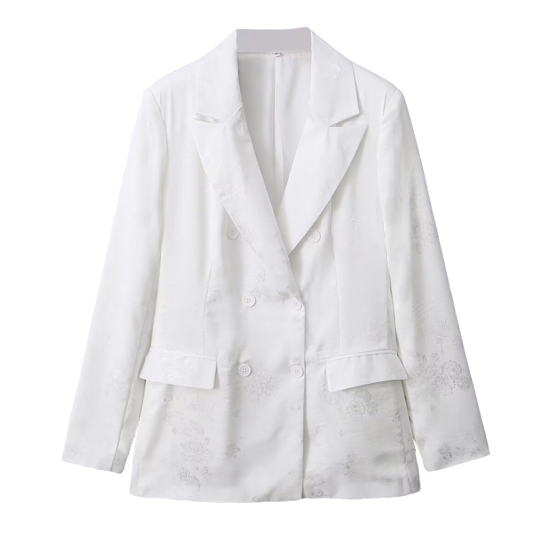 Damen Doppelreihiger Satin-Blazer mit floralem Jacquard und Reverskragen Drune