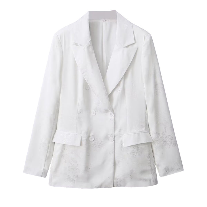 Damen Doppelreihiger Satin-Blazer mit floralem Jacquard und Reverskragen Drune