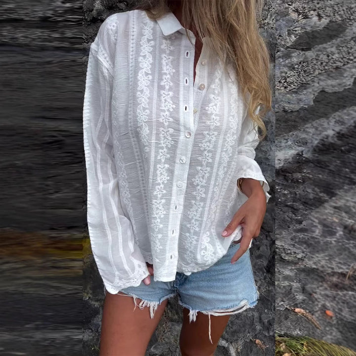 Damen nan bestickte Hemdbluse mit floraler Ajour-Stickerei, Perlmuttknopfleiste und legerer Oversize-Passform Drune