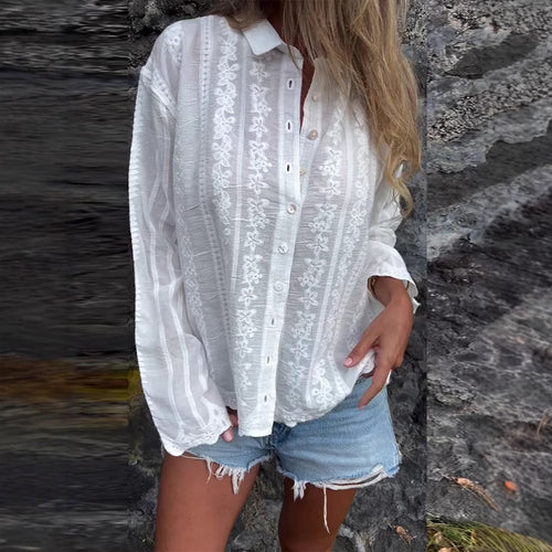 Damen nan bestickte Hemdbluse mit floraler Ajour-Stickerei, Perlmuttknopfleiste und legerer Oversize-Passform Drune