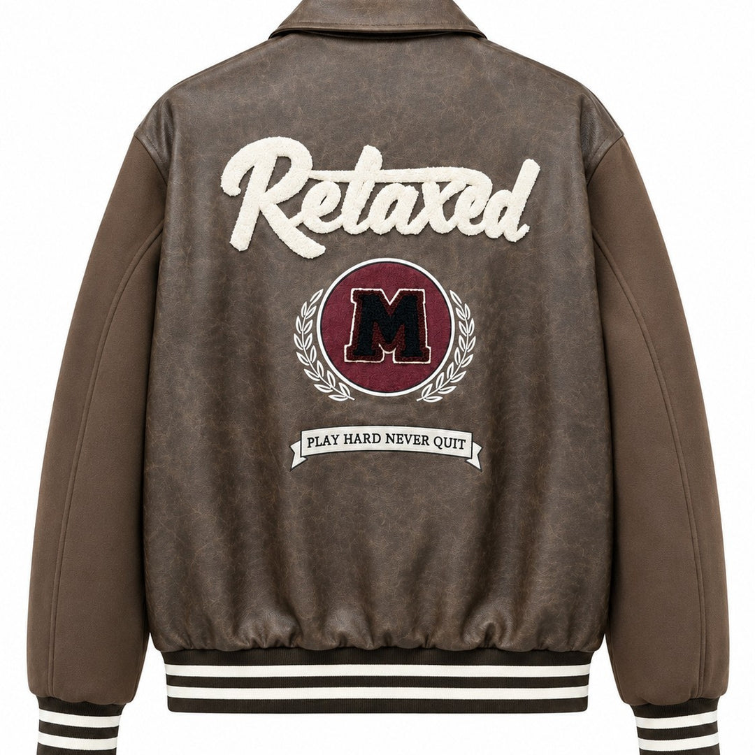 Herren Varsity-Bomberjacke im Vintage-Lederlook mit Chenille-Emblem Drune